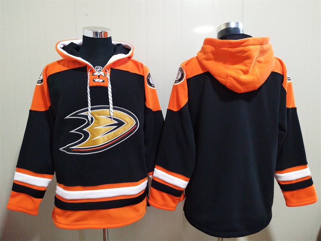 Men's Anaheim Ducks Blank Custom Any Name/Number Black Orange Lace-Up Pullover Hoodie Jersey